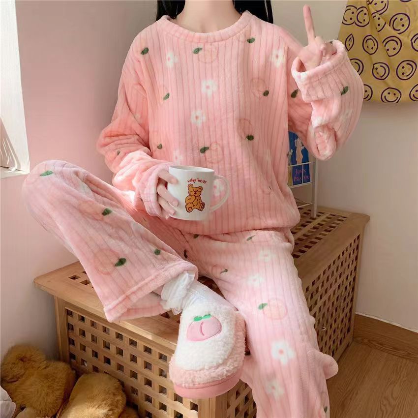 Fluffy coral fleece pajamas with bear motif