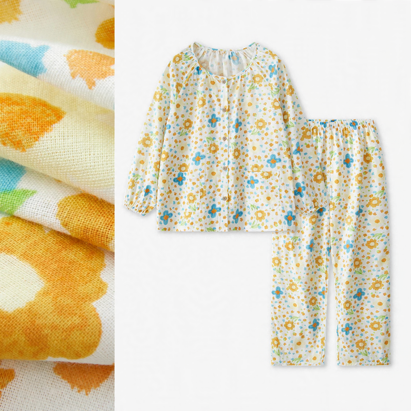 Cotton gauze pajama set for couples, long-sleeved
