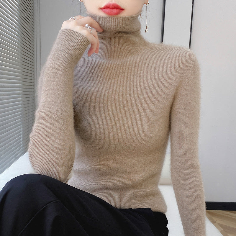 Women's knitted pullover with stand-up collar, long-sleeved, lined