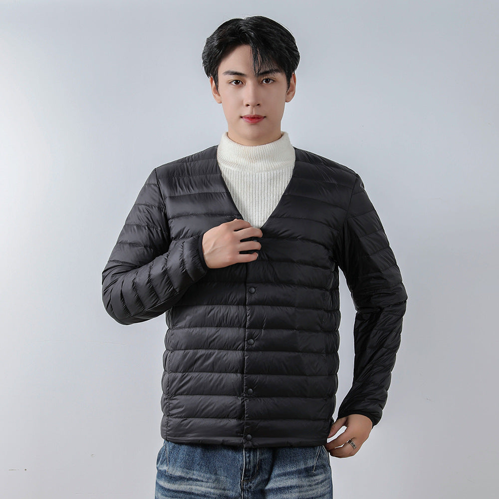 Light men's down jacket, V-neck or round neck