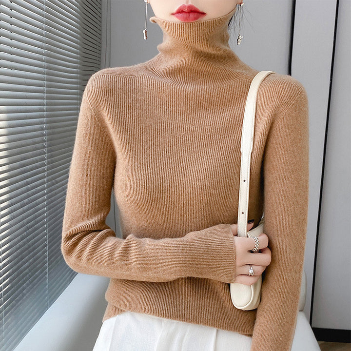 Women's knitted pullover with stand-up collar, long-sleeved, lined