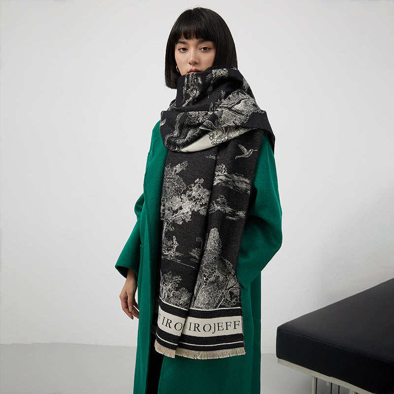 Jacquard scarf with landscape motif, art cashmere, 180x65 cm