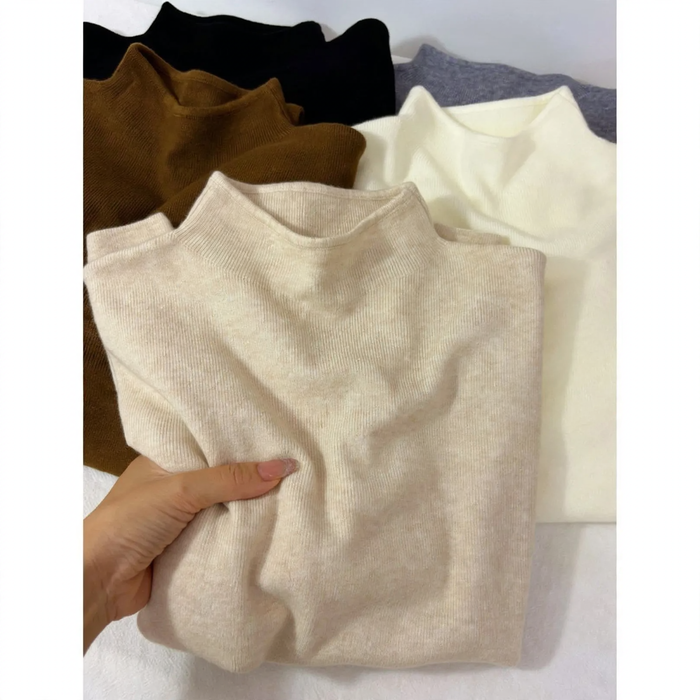 Women's knit sweater with stand-up collar, solid color