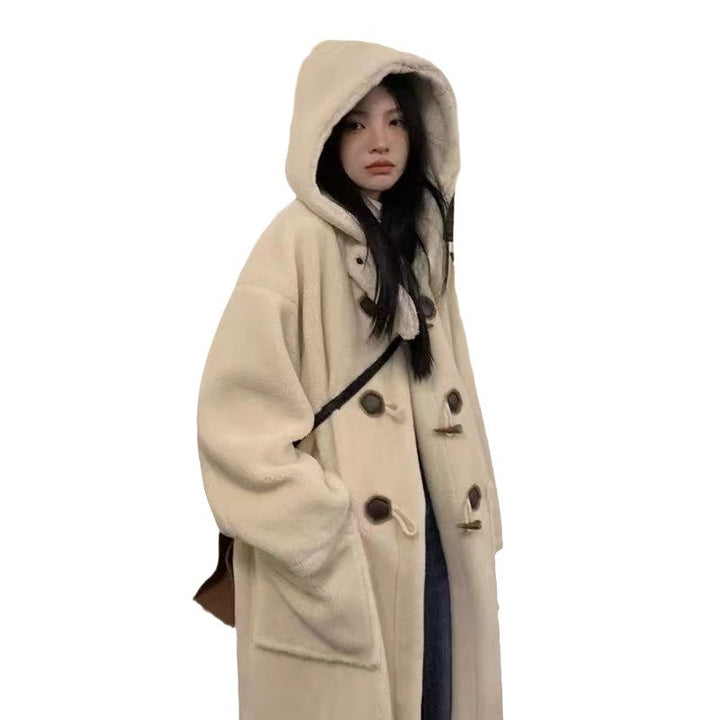 Long coat with toggles and lambskin look