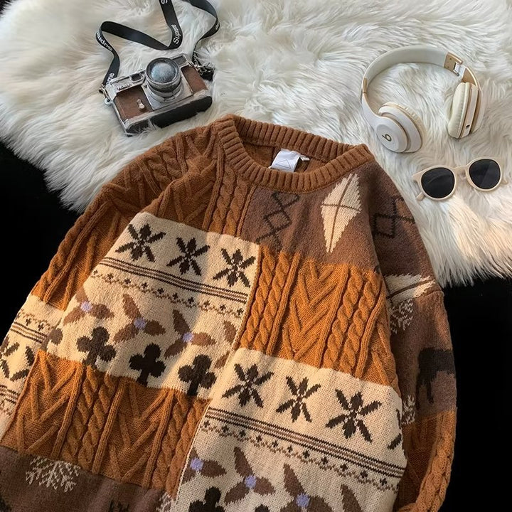 Retro knit sweater with contrast pattern