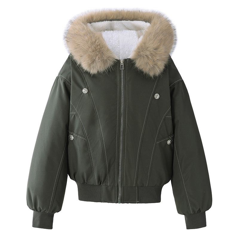 Short women's winter jacket in American style with faux fur