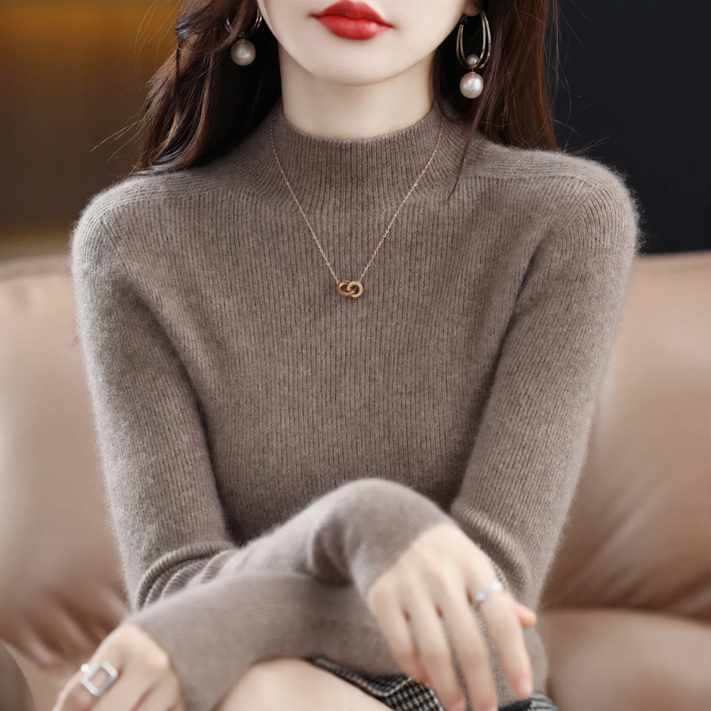 Women's Cashmere Sweater, seamless, 100% wool, stand-up collar