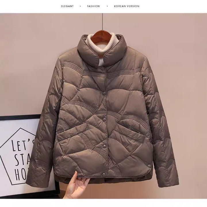 Short women's down jacket with stand-up collar