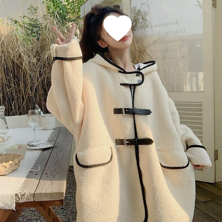 Lammfleece imitation coat with hood, mid-length