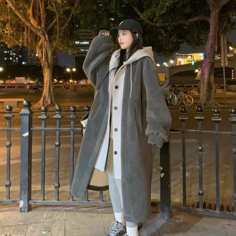 Lamb fleece imitation hooded jacket, mid-length, padded