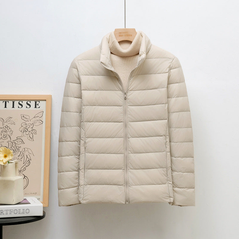 Women’s down jacket, lightweight, stand collar, short