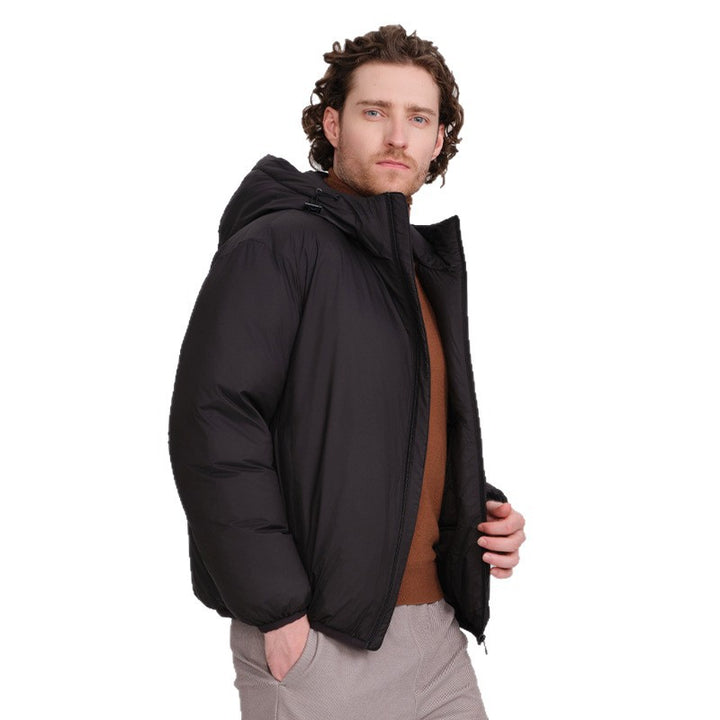 Men's down jacket, short, with hood, white duck down lining