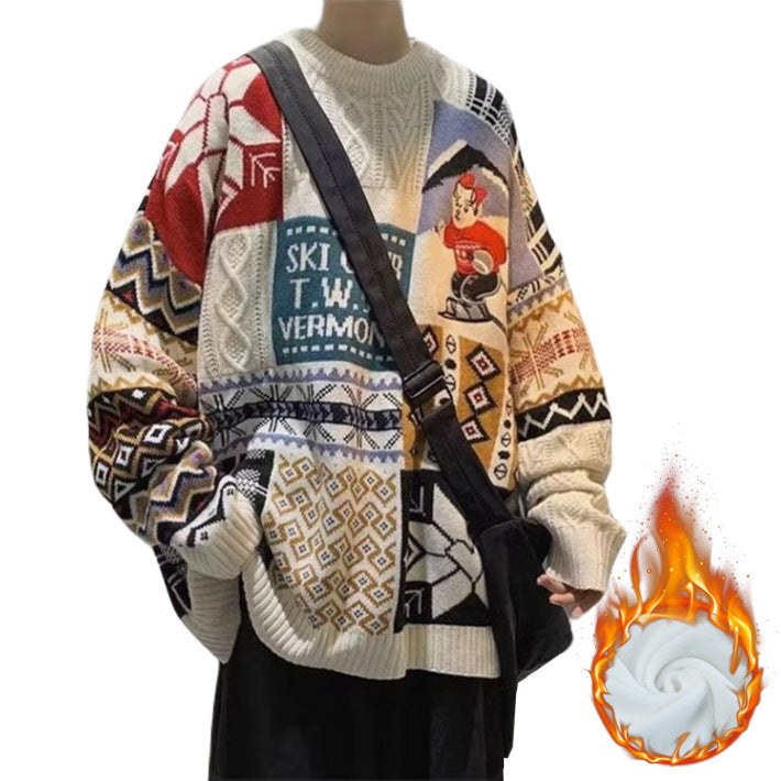 Men's knitted sweater with bear embroidery and stand-up collar
