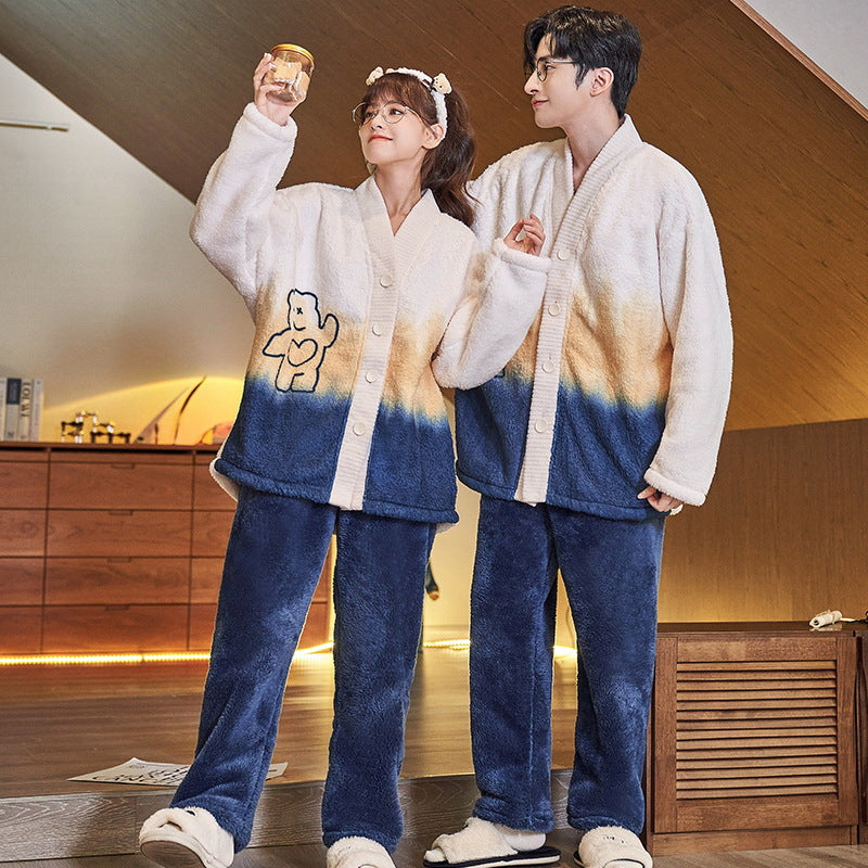 Pair-house suit made of coral fleece, V-neck, long sleeve