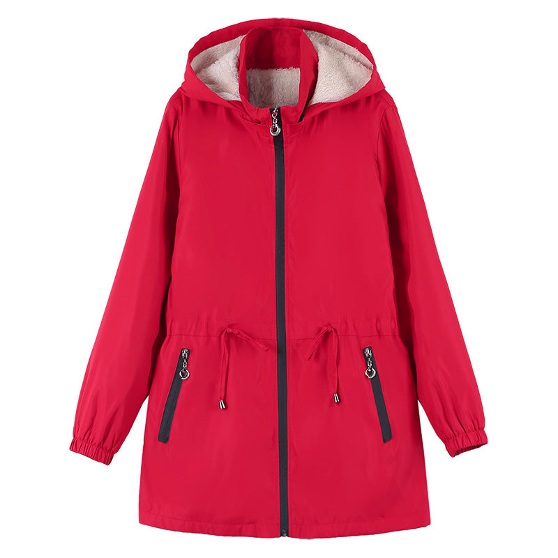 Ladies' hooded coat with lambskin lining, mid-length