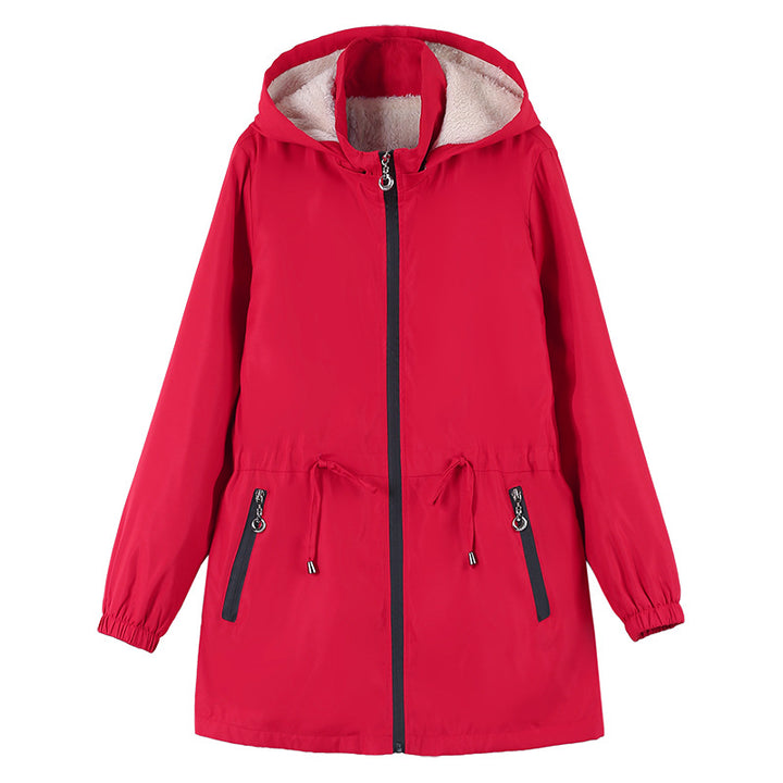 Ladies' hooded coat with lambskin lining, mid-length