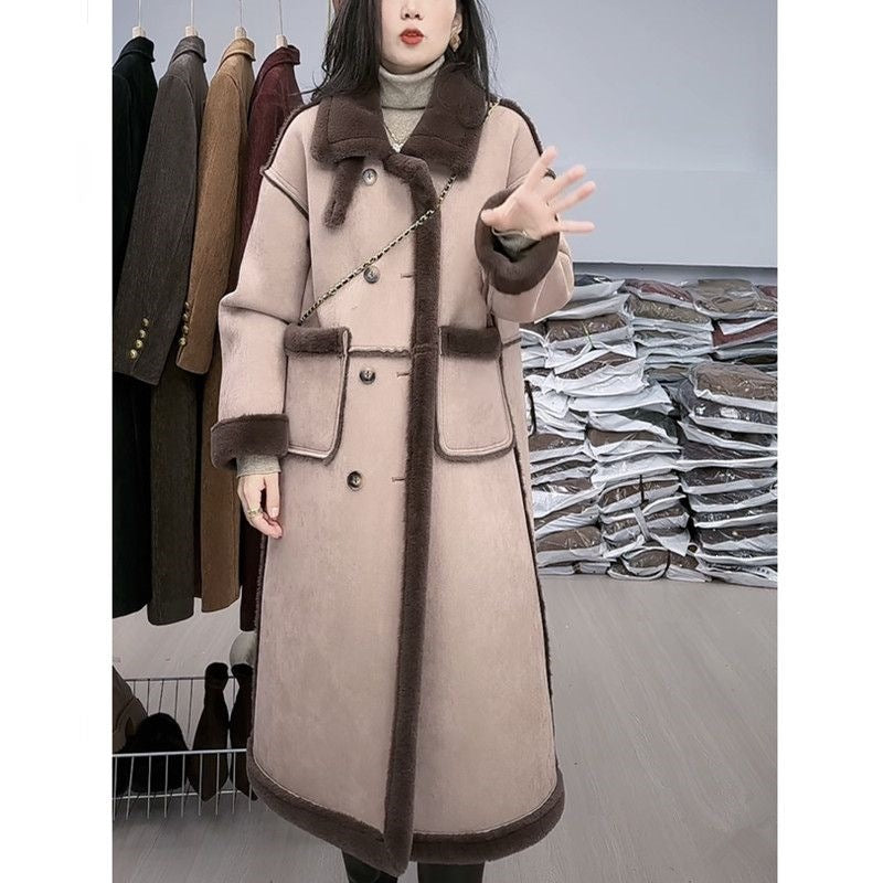 Lamb fleece coat for women, suede look, long