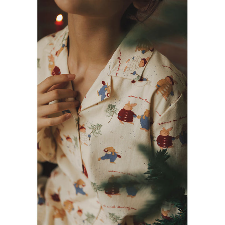 Women's Pajama Set, Cotton, Brushed, Christmas Bunny Print
