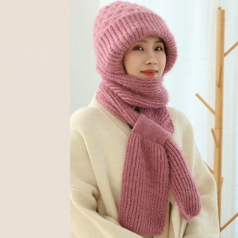 Padded knit cap with scarf for women