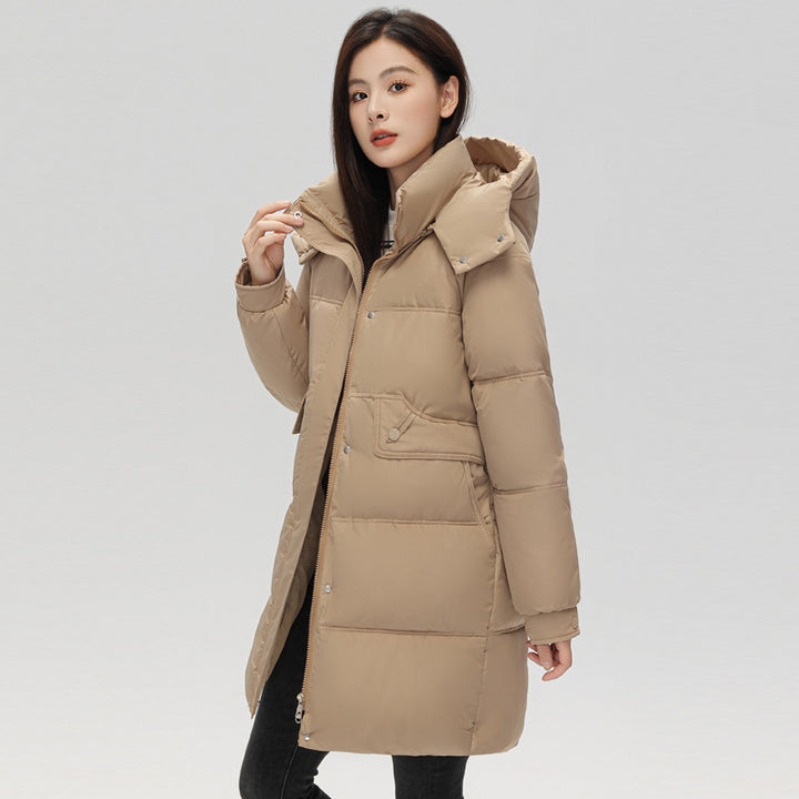 Mid-length women's padded jacket with hood, insulated