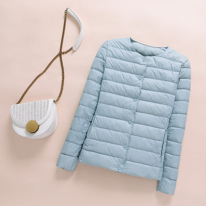 Light women's down jacket, collarless, short