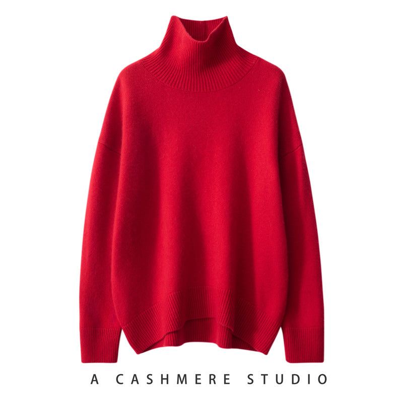 Women's cashmere sweater, high collar, loose fit