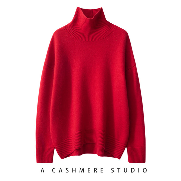 Women's cashmere sweater, high collar, loose fit