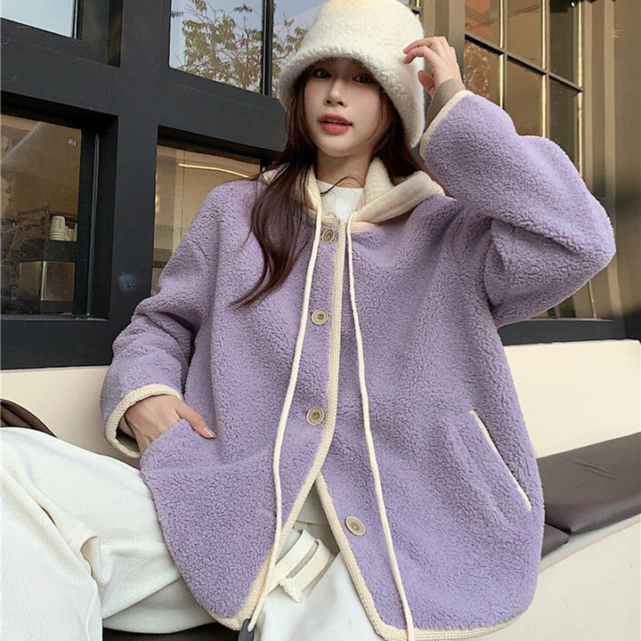 Lambswool hooded jacket for women, casual style