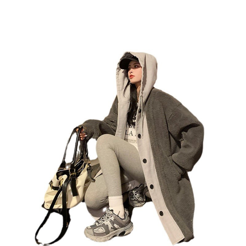 Lamb fleece coat, hood, combined design