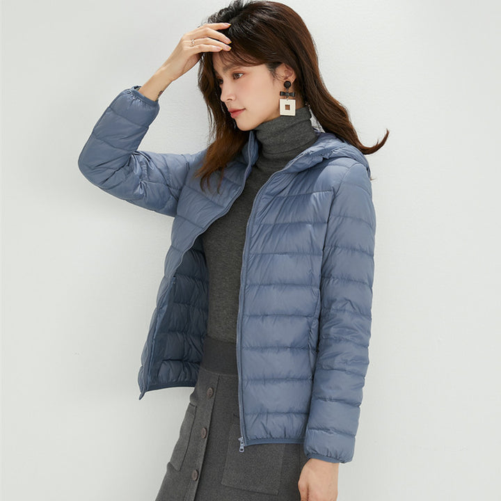 Light women's down jacket with stand-up collar