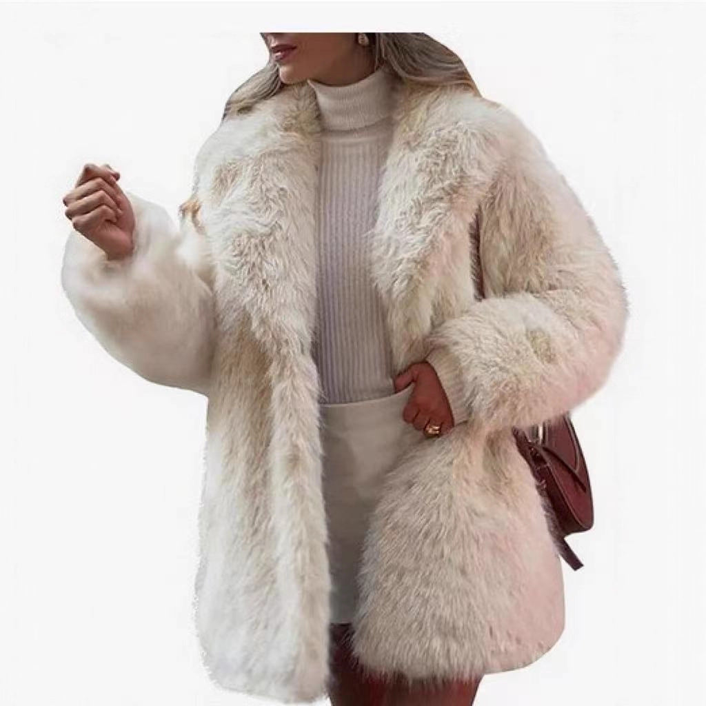 Long faux fur coat with large lapels