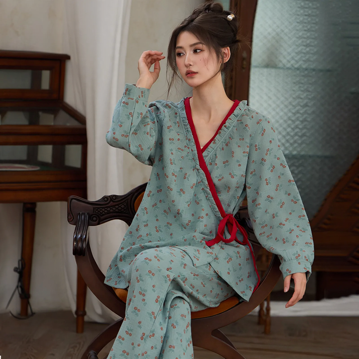 Women's Pajama Set in Kimono Style with Floral Pattern