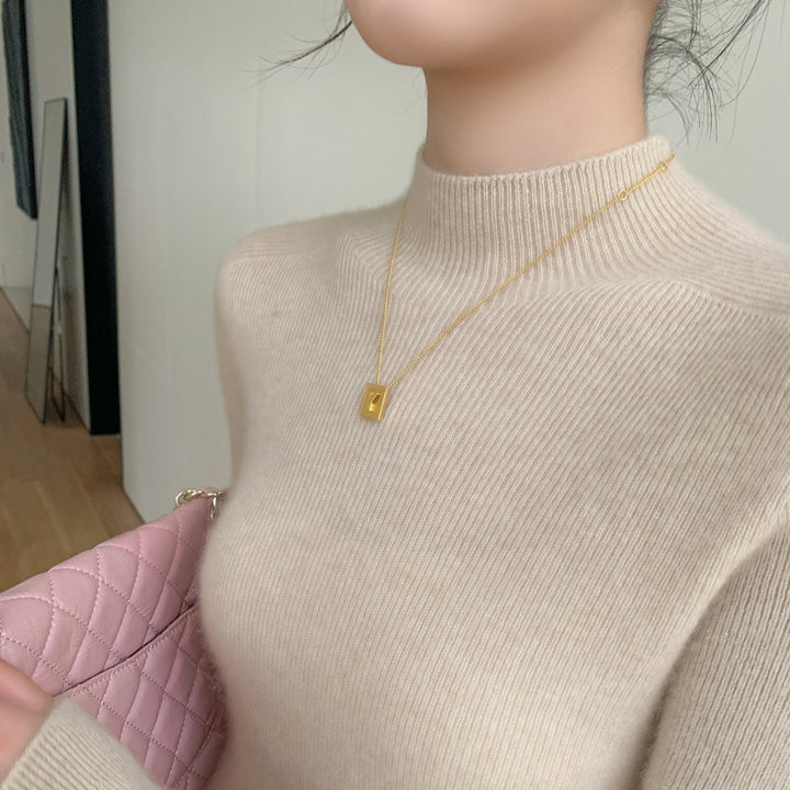 Women's cashmere sweater, stand-up collar, slim fit