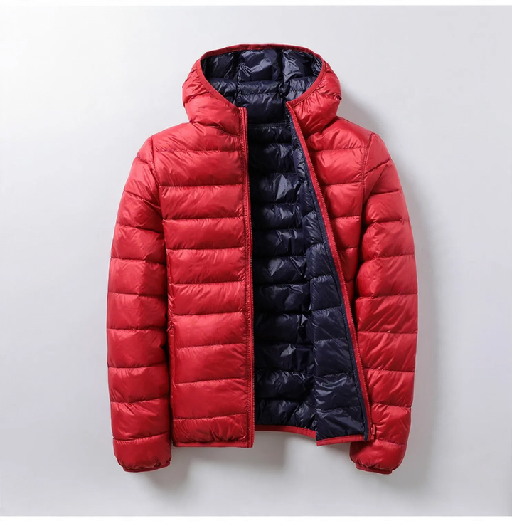 Reversible women's down jacket with hood, lightweight and short