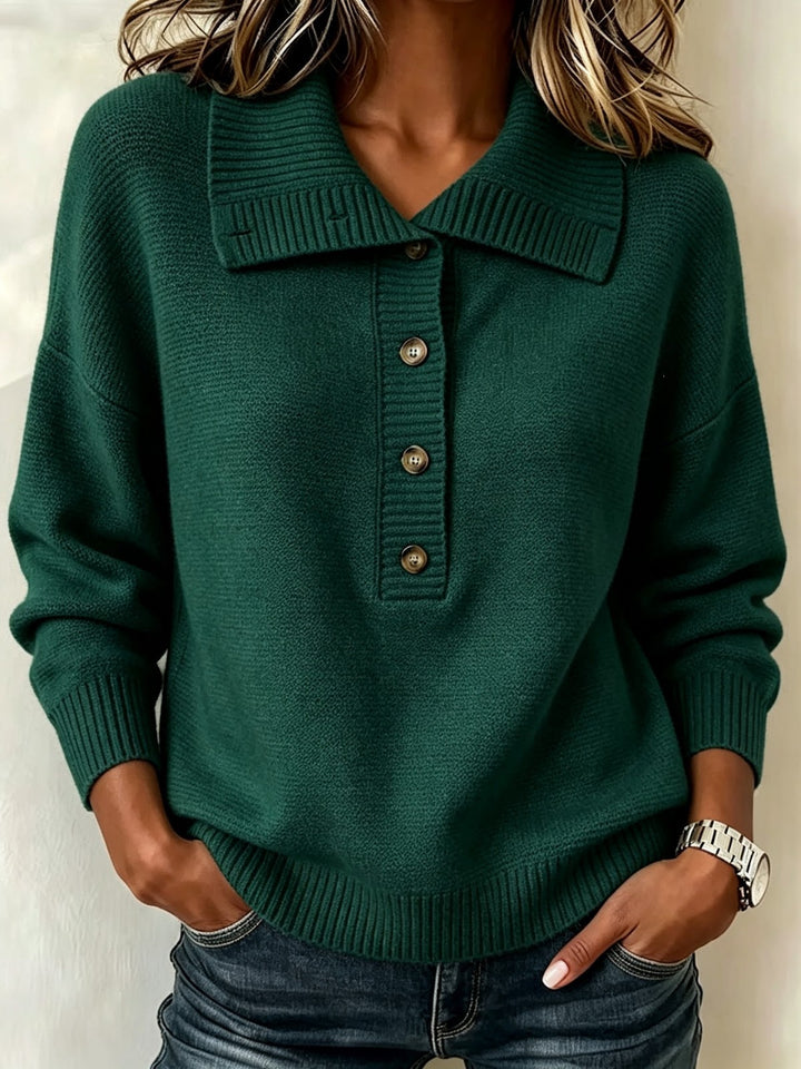 Women's knit sweater with button placket and stand-up collar