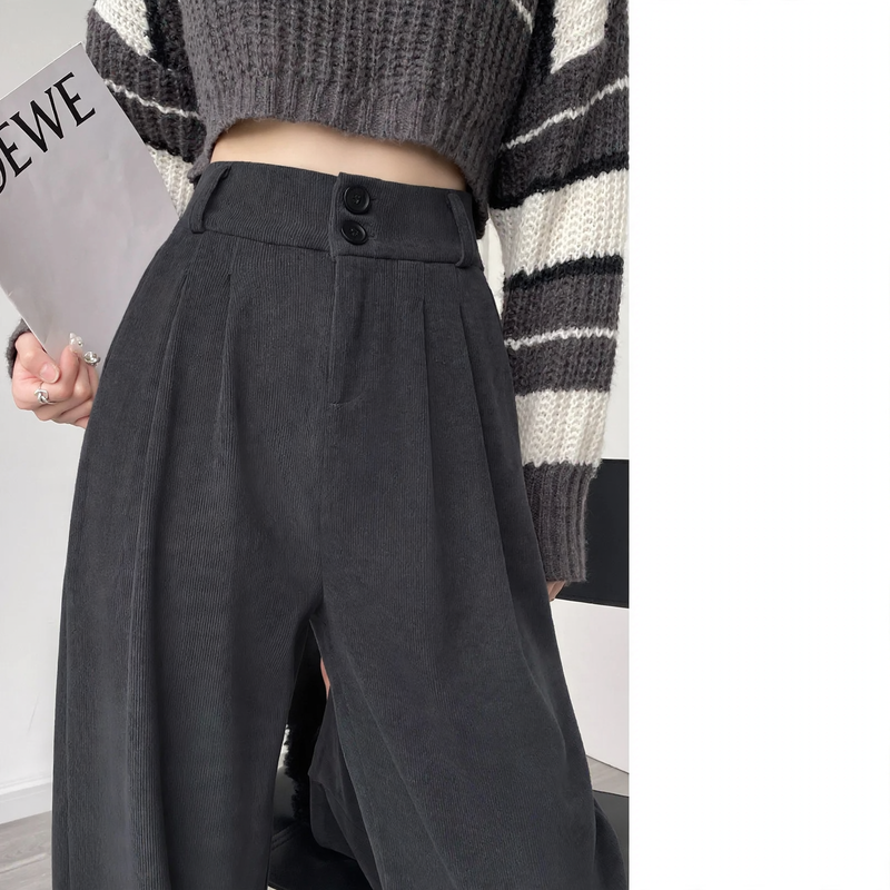 Chenille fabric trousers with high waist, straight cut