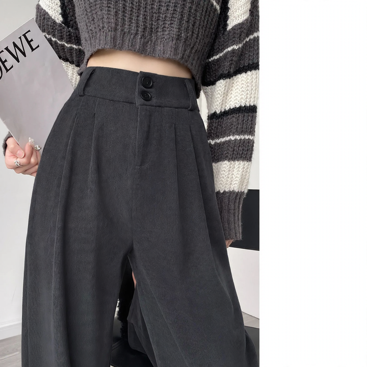 Chenille fabric trousers with high waist, straight cut