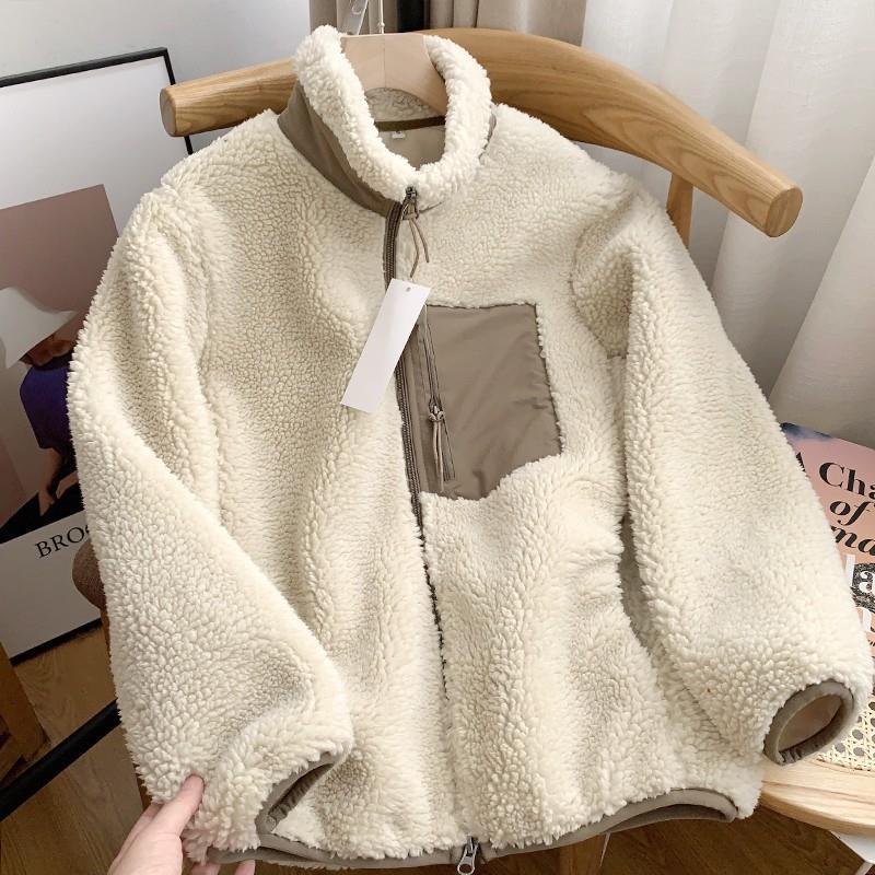 Windproof lambskin imitation jacket with stand-up collar