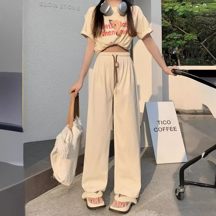 Cord-wide pants for women, high waist with drawstring