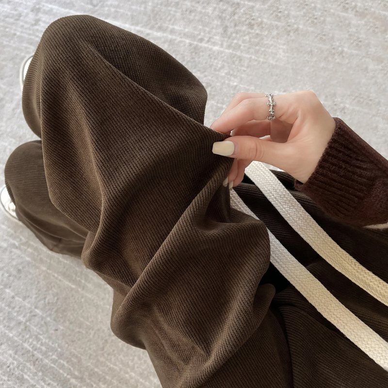 Fleece-lined corduroy knitted pants with wide legs