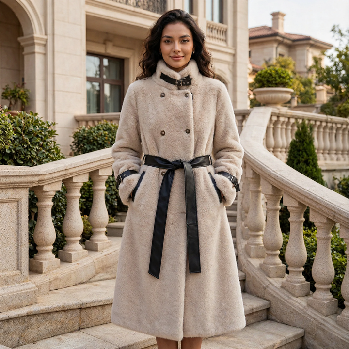 Long women's sheepskin coat with belt