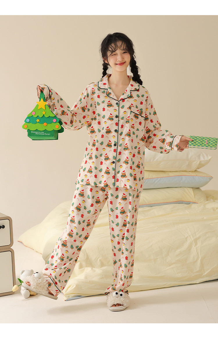 Women's cotton pajamas, long-sleeved, with lapel collar