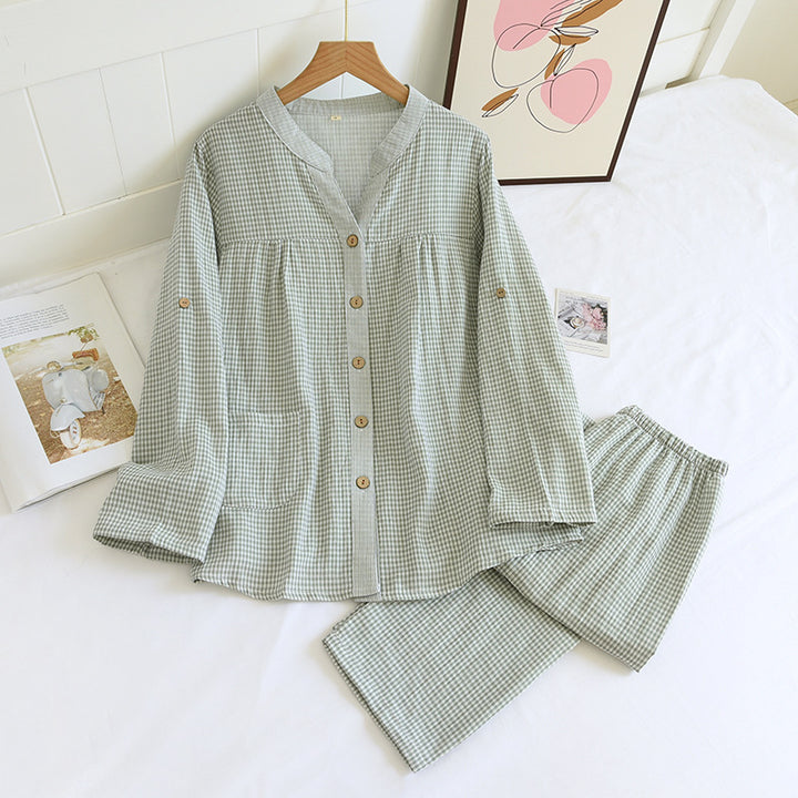 Women's pajama set made of cotton double gauze in check pattern