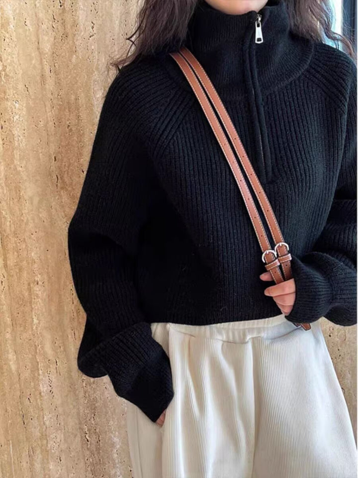 American retro knit sweater with half zipper