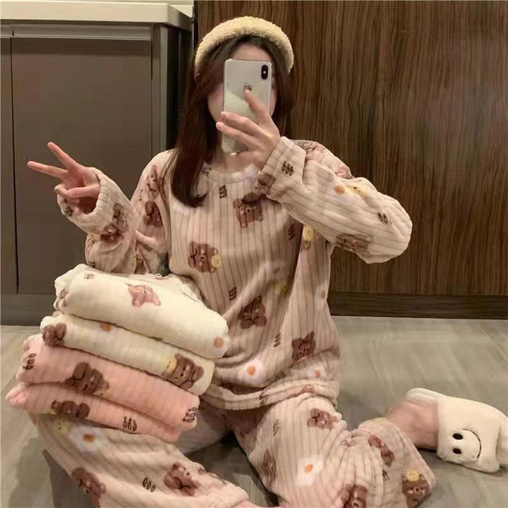 Fluffy coral fleece pajamas with bear motif