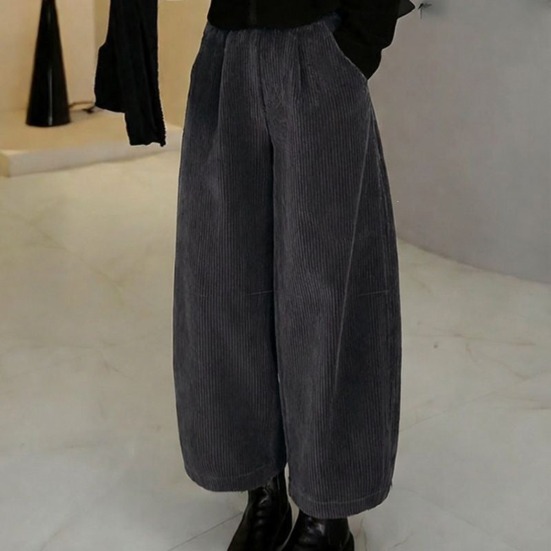 Women's corduroy pants, wide cut, elastic waistband