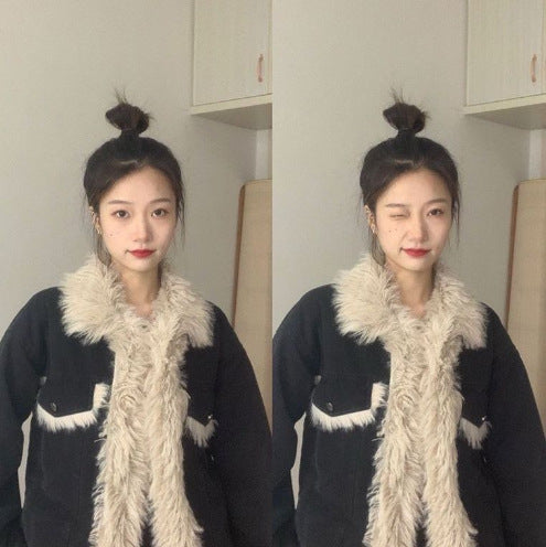 Padded denim jacket with large fur collar
