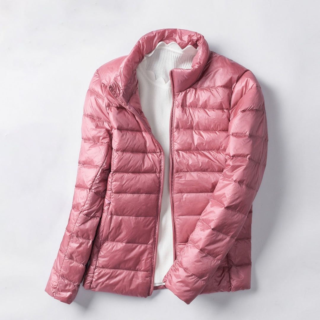 Women's down jacket, short, standing collar, tailored, with duck down