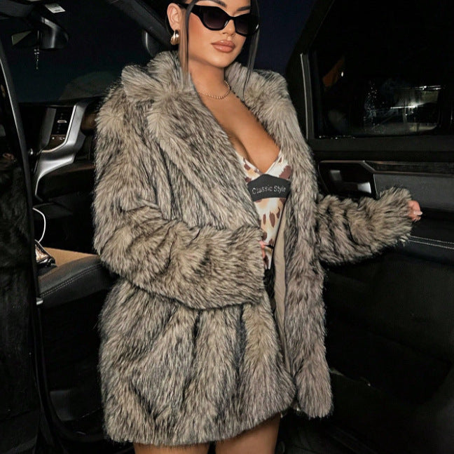 Long faux fur coat with lapel collar