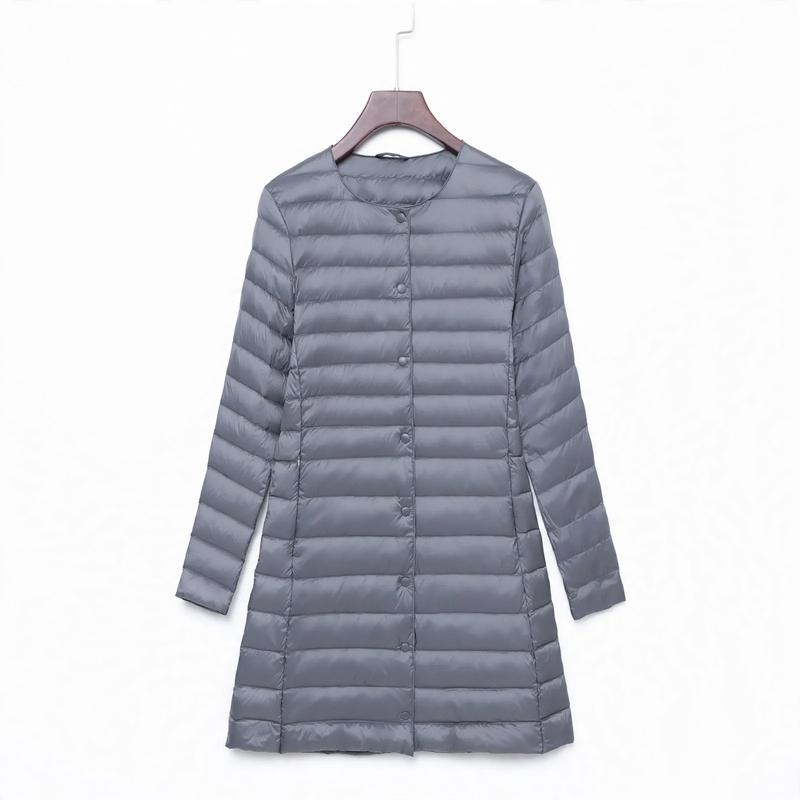 Light women's down jacket, mid-length, with button placket